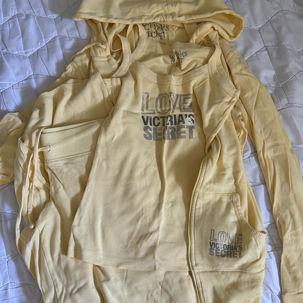 New Love Victorias Secret 3pc Pajama Set Hoodie Tank Top Cami Pants Yellow Xs